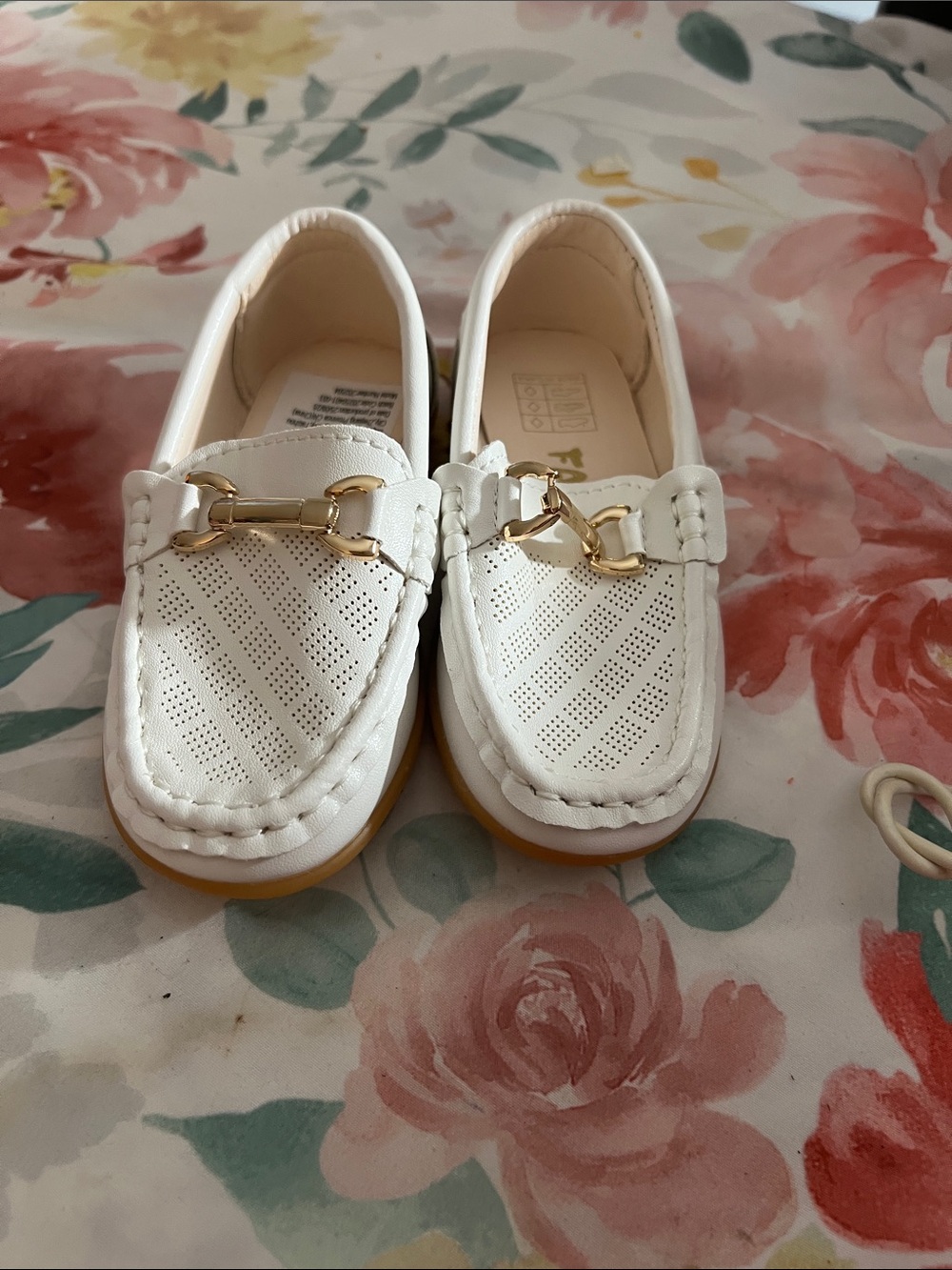 Kids White Slip-On Loafers with Gold Accent